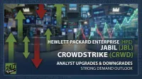 A blurred background of a financial trading floor with multiple monitors and people, overlaid with large green upward arrows and red downward arrows. White text reads 'HEWLETT PACKARD ENTERPRISE (HPE)', 'JABIL (JBL)', and green text 'CROWDSTRIKE (CRWD)'. Below this, white text states 'ANALYST UPGRADES & DOWNGRADES' and 'STRONG DEMAND OUTLOOK'. A '24/7 WALL ST' logo is visible in the bottom left corner.