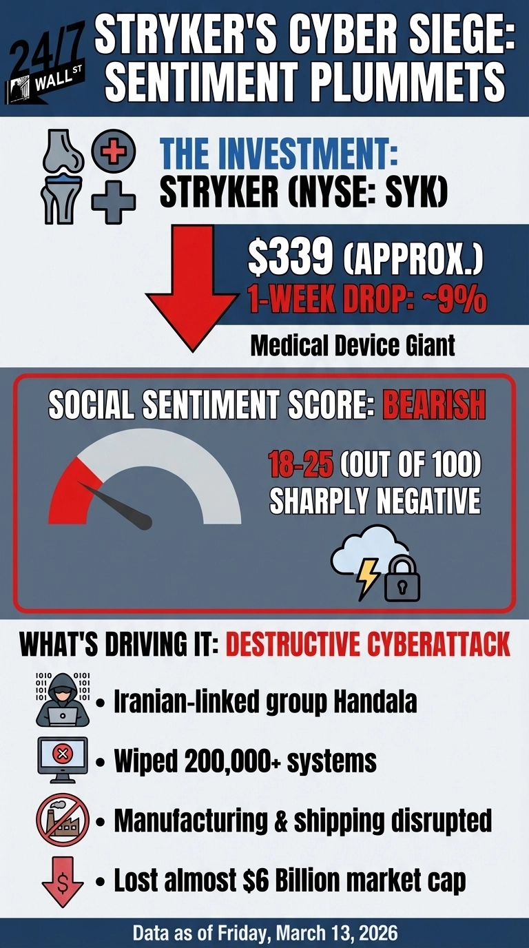 An infographic titled 'Stryker's Cyber Siege: Sentiment Plummets'. It features information about Stryker (NYSE: SYK), identified as a medical device giant. A large red downward arrow points to a stock price of '$339 (Approx.)' and notes a '1-Week Drop: ~9%'. Below, a social sentiment gauge shows the needle in the red section, indicating a 'BEARISH' score of '18-25 (Out of 100) SHARPLY NEGATIVE'. Adjacent to the gauge is an icon of a cloud with a lightning bolt and a padlock, symbolizing a cyberattack. A section titled 'WHAT'S DRIVING IT: DESTRUCTIVE CYBERATTACK' lists four bullet points with corresponding icons: 'Iranian-linked group Handala' with a hacker icon, 'Wiped 200,000+ systems' with a broken computer screen icon, 'Manufacturing & shipping disrupted' with a factory crossed out icon, and 'Lost almost $6 Billion market cap' with a downward dollar arrow icon. The infographic footer states 'Data as of Friday, March 13, 2026'.
