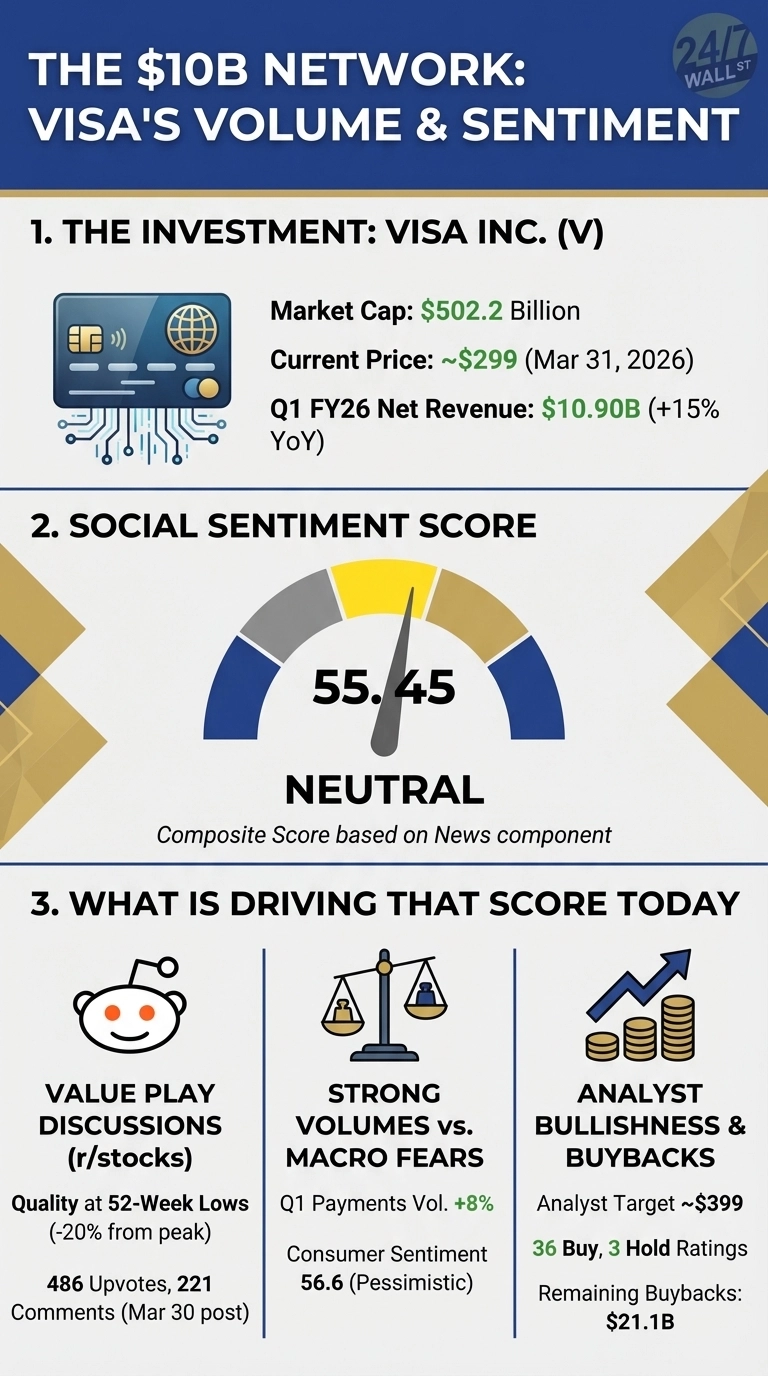 An infographic titled 'THE $10B NETWORK: VISA'S VOLUME &amp; SENTIMENT'. The infographic is divided into three main sections. Section 1, 'THE INVESTMENT: VISA INC. (V)', shows a blue credit card icon with circuit patterns and lists: Market Cap: $502.2 Billion, Current Price: ~$299 (Mar 31, 2026), and Q1 FY26 Net Revenue: $10.90B (+15% YoY). Section 2, 'SOCIAL SENTIMENT SCORE', features a gauge with a needle pointing to 55.45, labeled 'NEUTRAL', with text 'Composite Score based on News component'. Section 3, 'WHAT IS DRIVING THAT SCORE TODAY', presents three vertical columns: 'VALUE PLAY DISCUSSIONS (r/stocks)' with a Reddit icon, stating 'Quality at 52-Week Lows (-20% from peak)' and '486 Upvotes, 221 Comments (Mar 30 post)'; 'STRONG VOLUMES vs. MACRO FEARS' with a weighing scale icon, showing 'Q1 Payments Vol. +8%' and 'Consumer Sentiment 56.6 (Pessimistic)'; and 'ANALYST BULLISHNESS &amp; BUYBACKS' with an upward trending arrow over coin stacks, listing 'Analyst Target ~$399', '36 Buy, 3 Hold Ratings', and 'Remaining Buybacks: $21.1B'.