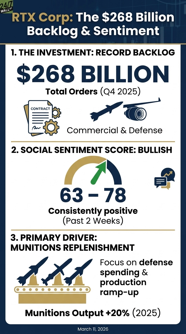 An infographic titled 'RTX Corp: The $268 Billion Backlog &amp; Sentiment' on a dark blue background with white and gold text. It is divided into three main sections. Section 1, 'THE INVESTMENT: RECORD BACKLOG', shows '$268 BILLION' as Total Orders for Q4 2025, supported by icons of a contract, gears, a missile, and a jet engine, representing 'Commercial &amp; Defense'. Section 2, 'SOCIAL SENTIMENT SCORE: BULLISH', features a gauge showing a green arrow pointing into the positive range, with a score of '63 - 78' indicating 'Consistently positive (Past 2 Weeks)', alongside a chat bubble icon. Section 3, 'PRIMARY DRIVER: MUNITIONS REPLENISHMENT', displays three missiles on a conveyor belt, explaining the focus on 'defense spending &amp; production ramp-up', and a target of 'Munitions Output +20% (2025)'. The bottom of the infographic states 'March 11, 2026'.