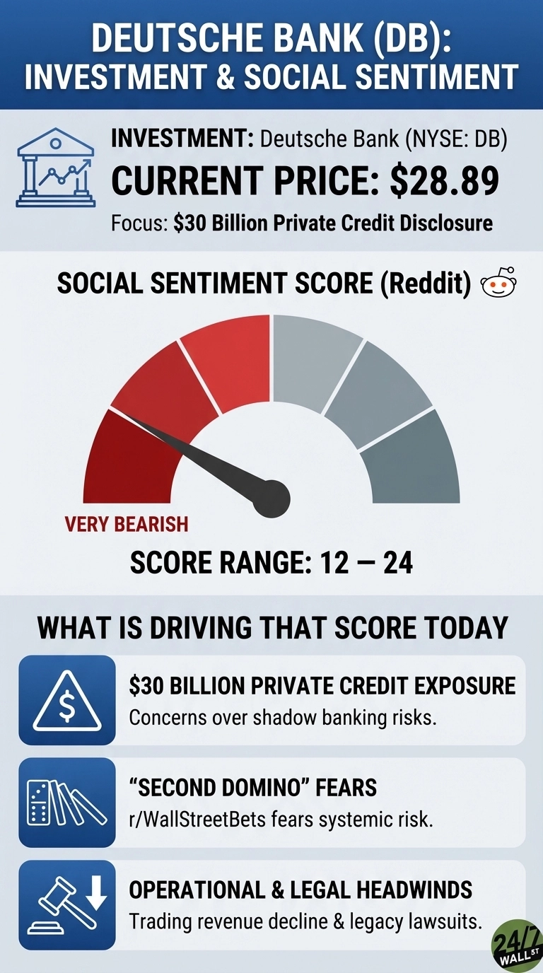 An infographic titled 'DEUTSCHE BANK (DB): INVESTMENT & SOCIAL SENTIMENT'. The investment section lists Deutsche Bank (NYSE: DB), Current Price: $28.89, and Focus: $30 Billion Private Credit Disclosure. Below, a circular social sentiment gauge for Reddit shows a needle pointing to the 'VERY BEARISH' red section, with a score range of 12-24. Three drivers for this score are listed: '$30 BILLION PRIVATE CREDIT EXPOSURE: Concerns over shadow banking risks.', '