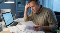 A concerned man, with short grey hair and wearing a light brown collared shirt, sits at a desk in a dimly lit office, holding a pen to his forehead and looking intently at a pile of financial documents. On the desk, a laptop displays a graph with two upward-sloping lines, showing one investment path reaching $553,000 and another reaching $184,000. A desk lamp illuminates the workspace.