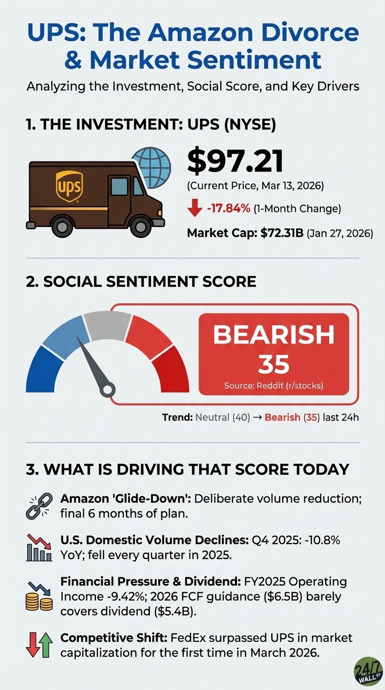 An infographic titled 'UPS: The Amazon Divorce & Market Sentiment' and subtitled 'Analyzing the Investment, Social Score, and Key Drivers'. Section 1, 'THE INVESTMENT: UPS (NYSE)', shows a UPS delivery truck next to a globe. Text indicates a price of $97.21 (Current Price, Mar 13, 2026), a 1-Month Change of -17.84% (down arrow), and Market Cap: $72.31B (Jan 27, 2026). Section 2, 'SOCIAL SENTIMENT SCORE', features a gauge with a needle pointing to the red section, labeled 'BEARISH 35', with 'Source: Reddit (r/stocks)' below. A trend is noted as 'Neutral (40) -> Bearish (35) last 24h'. Section 3, 'WHAT IS DRIVING THAT SCORE TODAY', lists four points with icons: 1. A chain link icon for 'Amazon 'Glide-Down': Deliberate volume reduction; final 6 months of plan.' 2. A bar chart with a down arrow icon for 'U.S. Domestic Volume Declines: Q4 2025: -10.8% YoY; fell every quarter in 2025.' 3. A stack of coins with a lightning bolt icon for 'Financial Pressure & Dividend: FY2025 Operating Income -9.42%; 2026 FCF guidance ($6.5B) barely covers dividend ($5.4B).' 4. Up and down arrows icon for 'Competitive Shift: FedEx surpassed UPS in market capitalization for the first time in March 2026.'