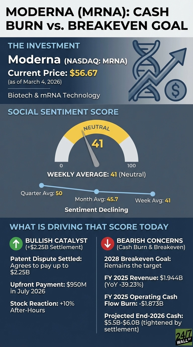 An infographic on Moderna (MRNA) stock, set against a dark blue background with white and yellow text. The top section, 'The Investment', shows Moderna (NASDAQ: MRNA) with a current price of $56.67 as of March 4, 2026, and mentions Biotech &amp; mRNA Technology, accompanied by a DNA helix and an upward arrow with a dollar sign icon. The middle section, 'Social Sentiment Score', features a gauge pointing to 'Neutral 41' and a line graph illustrating sentiment decline from a Quarter Avg of 50, to a Month Avg of 45.7, and a Week Avg of 41. The bottom section, 'What is Driving That Score Today', is divided into 'Bullish Catalyst' and 'Bearish Concerns'. Bullish catalysts include a +$2.25B patent dispute settlement with a $950M upfront payment in July 2026 and a +10% After-Hours stock reaction. Bearish concerns highlight the 2028 Breakeven Goal, FY 2025 Revenue of $1.944B (YoY -39.23%), FY 2025 Operating Cash Flow Burn of -$1.873B, and Projected End-2026 Cash of $5.5B-$6.0B.