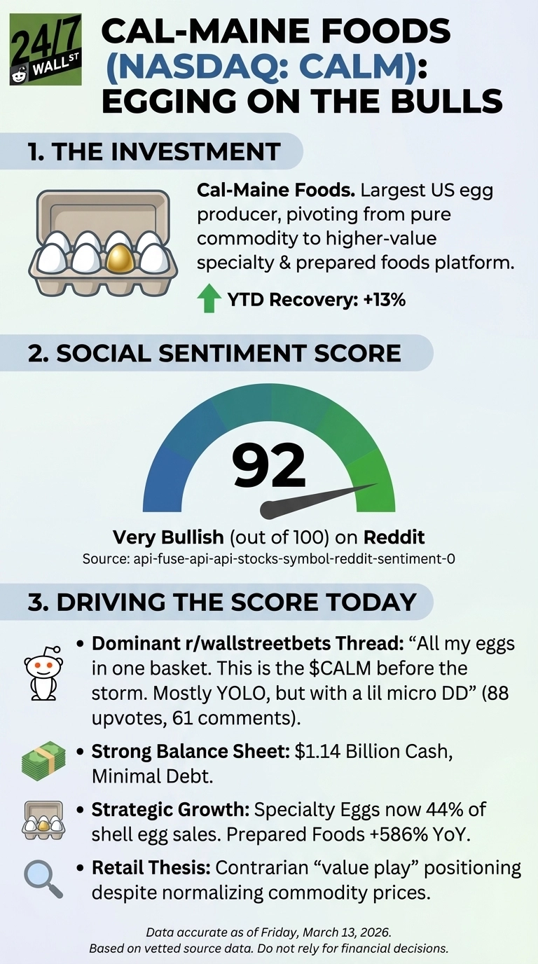 An infographic titled 'Cal-Maine Foods (NASDAQ: CALM): Egging on the Bulls' with a green and white 24/7 Wall St logo. Section 1, 'The Investment,' features an egg carton with five white eggs and one golden egg, stating Cal-Maine is the largest US egg producer pivoting to higher-value foods, with a YTD Recovery of +13%. Section 2, 'Social Sentiment Score,' shows a green and blue gauge displaying '92' with a needle, indicating 'Very Bullish (out of 100) on Reddit.' Section 3, 'Driving the Score Today,' lists four bullet points with icons: a Reddit alien for a dominant r/wallstreetbets thread (88 upvotes, 61 comments) discussing $CALM, a stack of cash for a strong balance sheet ($1.14 Billion Cash, Minimal Debt), an egg carton for strategic growth (Specialty Eggs 44% of shell egg sales, Prepared Foods +586% YoY), and a magnifying glass for a retail thesis on a contrarian value play. A footer notes data is accurate as of Friday, March 13, 2026.