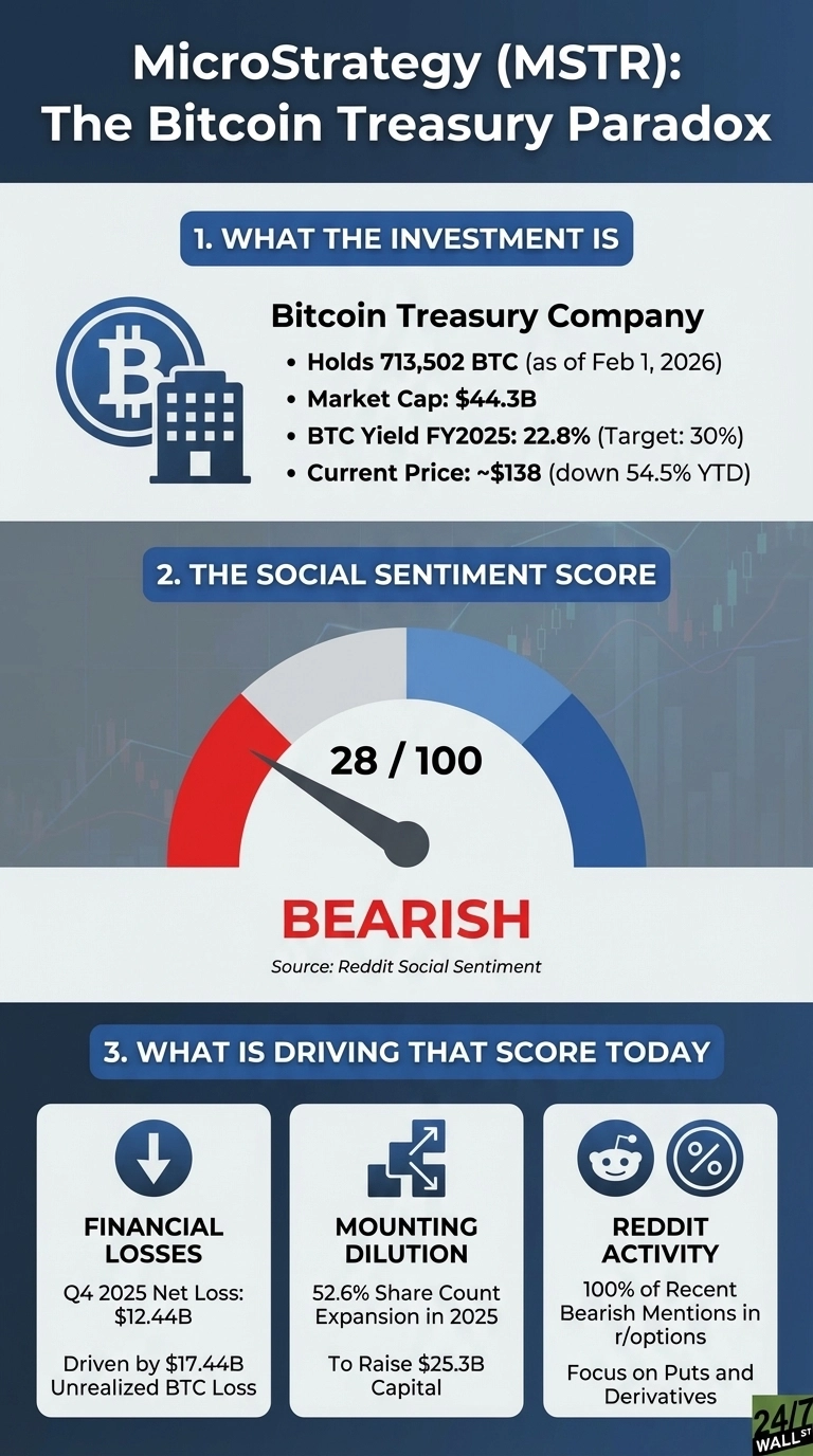An infographic titled 'MicroStrategy (MSTR): The Bitcoin Treasury Paradox'. Section 1, 'WHAT THE INVESTMENT IS', describes MicroStrategy as a Bitcoin Treasury Company. It lists bullet points: 'Holds 713,502 BTC (as of Feb 1, 2026)', 'Market Cap: $44.3B', 'BTC Yield FY2025: 22.8% (Target: 30%)', and 'Current Price: ~$138 (down 54.5% YTD)'. Section 2, 'THE SOCIAL SENTIMENT SCORE', features a gauge with a needle pointing to 28 out of 100, labeled 'BEARISH' below it, with 'Source: Reddit Social Sentiment'. Section 3, 'WHAT IS DRIVING THAT SCORE TODAY', presents three rectangular boxes. The first, 'FINANCIAL LOSSES', has a downward arrow icon and states 'Q4 2025 Net Loss: $12.4B' and 'Driven by $17.44B Unrealized BTC Loss'. The second, 'MOUNTING DILUTION', has an icon of expanding squares and states '52.6% Share Count Expansion in 2025' and 'To Raise $25.3B Capital'. The third, 'REDDIT ACTIVITY', has Reddit and percentage icons and states '100% of Recent Bearish Mentions in r/options' and 'Focus on Puts and Derivatives'.