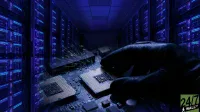A close-up view of a gloved hand placing a central processing unit (CPU) onto a circuit board. Two CPUs are visible on the board, surrounded by other electronic components. In the background, illuminated server racks stretch down a corridor in a dark, blue-lit data center. Digital particles or sparks emanate from the area around the chips, adding to the high-tech atmosphere.