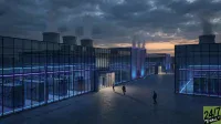 An aerial perspective of a large, modern data center complex at dusk under a cloudy sky. The buildings have sleek glass facades that showcase multiple rows of server racks illuminated with blue and purple neon lights. Several industrial cooling towers are visible in the background, emitting plumes of white steam. Three business professionals walk across the paved courtyard between the buildings, conveying a powerful, high-tech, and industrial environment.
