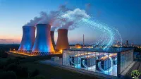 An aerial shot at twilight depicts a large nuclear power plant with four prominent cooling towers emitting smoke, one glowing orange and the others blue. In the foreground, a modern glass data center building is brightly lit, revealing rows of glowing blue server racks inside. Dynamic blue light trails and binary code connect the power plant's emissions to the data center and a city skyline in the distance, symbolizing energy and data flow. The sky transitions from a deep blue at the top to a warm orange at the horizon.