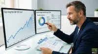 A man with a beard in a navy blue suit sits at a desk, looking intently at two computer monitors displaying financial charts. On the left screen, a blue line graph labeled 'Cap-weighted S&P 500 Chart' shows an upward trend with years marked from 2017 to 2023 along the bottom axis. The right screen, titled 'Equal-weight portfolio per Chart,' features a colorful donut chart showing 'Portfolio breakdown' and a table listing various income sources and their percentages. The man holds a pen, pointing towards the right monitor, and a document labeled 'ETF ANALYSIS SPY IVV & RSPM' is in his left hand.
