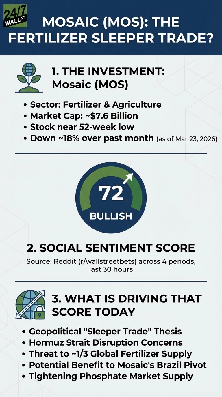An infographic titled 'MOSAIC (MOS): THE FERTILIZER SLEEPER TRADE?' details investment highlights, social sentiment, and driving factors. Section 1, 'THE INVESTMENT: Mosaic (MOS)', lists sector as Fertilizer & Agriculture, Market Cap ~$7.6 Billion, stock near 52-week low, and down ~18% over past month (as of Mar 23, 2026). Section 2, 'SOCIAL SENTIMENT SCORE', shows a gauge with '72 BULLISH' and an upward arrow, citing Reddit (r/wallstreetbets) as the source over 4 periods in the last 30 hours. Section 3, 'WHAT IS DRIVING THAT SCORE TODAY', lists factors including Geopolitical 'Sleeper Trade' Thesis, Hormuz Strait Disruption Concerns, Threat to ~1/3 Global Fertilizer Supply, Potential Benefit to Mosaic's Brazil Pivot, and Tightening Phosphate Market Supply. The infographic uses a dark blue and white color scheme with green accents.