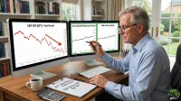 An older man wearing glasses and a blue shirt sits at a wooden desk, pointing with a pen at a computer monitor. Two monitors are on the desk; the left displays a red line graph titled 'S&P 500 (SPY) - Past Month' showing a sharp decline. The right monitor shows two green line graphs, one for 'GGT (Gabelli Multimedia Trust)' and another for 'TRIN (Trinity Capital)', both depicting stable, slight upward trends. A white coffee mug, a calculator, and a notepad with handwritten notes about GGT and TRIN are also visible on the desk.
