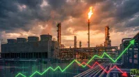 An industrial energy processing plant under a dramatic, cloudy sky with hues of orange and grey. A tall flare stack emits a large, bright orange flame. In the foreground, numerous cooling towers and interconnected pipes are visible. Overlaid on the scene are translucent green and red line graphs, with green lines trending upwards and red lines trending downwards, symbolizing market volatility. A '24/7 WALL ST' logo is present in the lower right corner.