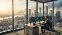 A man in a business suit sits at a desk in a modern office, intently looking at three large computer monitors displaying green financial graphs and stock information. The office features floor-to-ceiling windows providing a wide view of a city. To the left, an industrial area with factories and smoking chimneys is visible under a hazy sky, while to the right, a dense urban skyline with numerous skyscrapers dominates the view. A '24/7 WALL ST' logo is in the bottom right corner.