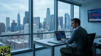 A man in a grey sweater sits at a desk, intently looking at a laptop displaying a downward-trending stock chart. Behind him, a wall-mounted TV shows similar market data with a headline indicating the S&P 500 is falling on an oil spike. Large windows in the background overlook a city skyline under an overcast sky.