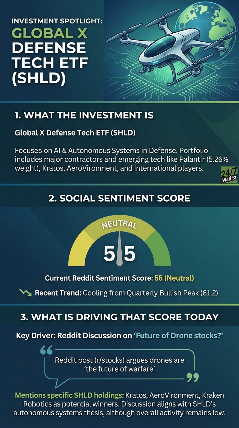 An infographic titled 'INVESTMENT SPOTLIGHT: GLOBAL X DEFENSE TECH ETF (SHLD)' on a dark blue background. The top section features a white drone above a green circuit board pattern with a globe. Section 1, 'WHAT THE INVESTMENT IS', details SHLD's focus on AI & Autonomous Systems in Defense, listing holdings like Palantir, Kratos, and AeroVironment. Section 2, 'SOCIAL SENTIMENT SCORE', displays a sentiment gauge with a needle pointing to 'NEUTRAL' at 55, indicating the current Reddit sentiment score. The trend is described as 'Cooling from Quarterly Bullish Peak (61.2)'. Section 3, 'WHAT IS DRIVING THAT SCORE TODAY', highlights Reddit discussions on 'Future of Drone stocks?' and a quote stating 'drones are the future of warfare'. Specific SHLD holdings like Kratos, AeroVironment, and Kraken Robotics are mentioned as potential winners.