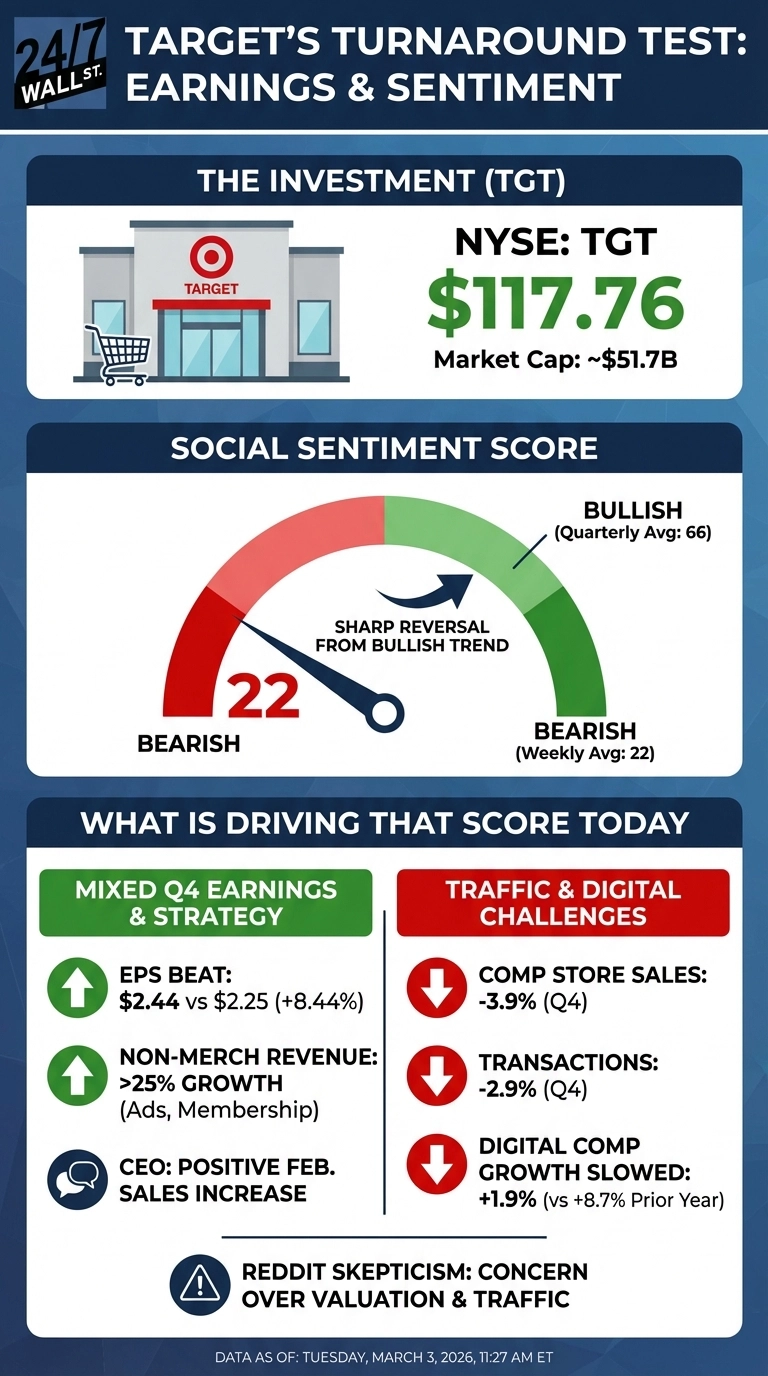An infographic visually representing Target's (TGT) Q4 fiscal 2026 performance and social sentiment. The top section shows a Target store image, the ticker 'NYSE: TGT', stock price '$117.76', and 'Market Cap: ~$51.7B'. The middle section displays a social sentiment gauge with a needle at '22' labeled 'Bearish', indicating a 'Sharp Reversal From Bullish Trend'. The gauge also shows 'Bullish (Quarterly Avg: 66)' and 'Bearish (Weekly Avg: 22)'. The bottom section, titled 'WHAT IS DRIVING THAT SCORE TODAY', has two columns. The green column, 'MIXED Q4 EARNINGS &amp; STRATEGY', lists: 'EPS Beat: $2.44 vs $2.25 (+8.44%)', 'NON-MERCH REVENUE: >25% GROWTH (Ads, Membership)', and 'CEO: POSITIVE FEB. SALES INCREASE'. The red column, 'TRAFFIC &amp; DIGITAL CHALLENGES', lists: 'COMP STORE SALES: -3.9% (Q4)', 'TRANSACTIONS: -2.9% (Q4)', and 'DIGITAL COMP GROWTH SLOWED: +1.9% (vs +8.7% Prior Year)'. Below these columns, there is a warning icon and text: 'REDDIT SKEPTICISM: CONCERN OVER VALUATION &amp; TRAFFIC'. The infographic concludes with 'DATA AS OF: TUESDAY, MARCH 3, 2026, 11:27 AM ET'.