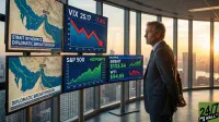 A businessman in a dark suit stands looking towards multiple large digital screens displaying financial information in a high-rise office at sunset. The screens show a map of the Strait of Hormuz with a 'DIPLOMATIC BREAKTHROUGH' headline, a VIX chart with a red downward arrow indicating 25.17 (-7.4%), an S&P 500 chart with a green upward trend showing +63 points, and oil prices for Brent ($102.34) and WTI ($94.65). The city skyline is visible through the expansive windows.