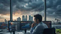 A male financial trader in a light blue shirt, seen from the side and back, sits at a desk viewing three computer monitors displaying stock charts and news. He rests his right hand on his chin thoughtfully. Through a large window behind him, a dramatic, cloudy sunset sky looms over a cityscape featuring modern skyscrapers, shipping containers, a large crane, and several oil derricks. The '24/7 WALL ST' logo is visible in the bottom right corner.