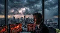 A man in a dark suit sits in an office, looking intently towards the right. In front of him are two computer monitors displaying orange and red financial charts and data. Through the large window behind him, a dark, cloudy sky with multiple lightning bolts illuminate a cityscape of tall buildings. To the far right, a harbor with cargo ships and industrial structures is visible under a darker sky.