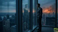 A man in a dark suit stands looking thoughtfully out a large window of a high-rise building. His reflection is visible in the glass. Beyond the window, a metropolitan cityscape stretches under a twilight sky, with a dramatic fiery orange glow dominating the distant horizon.