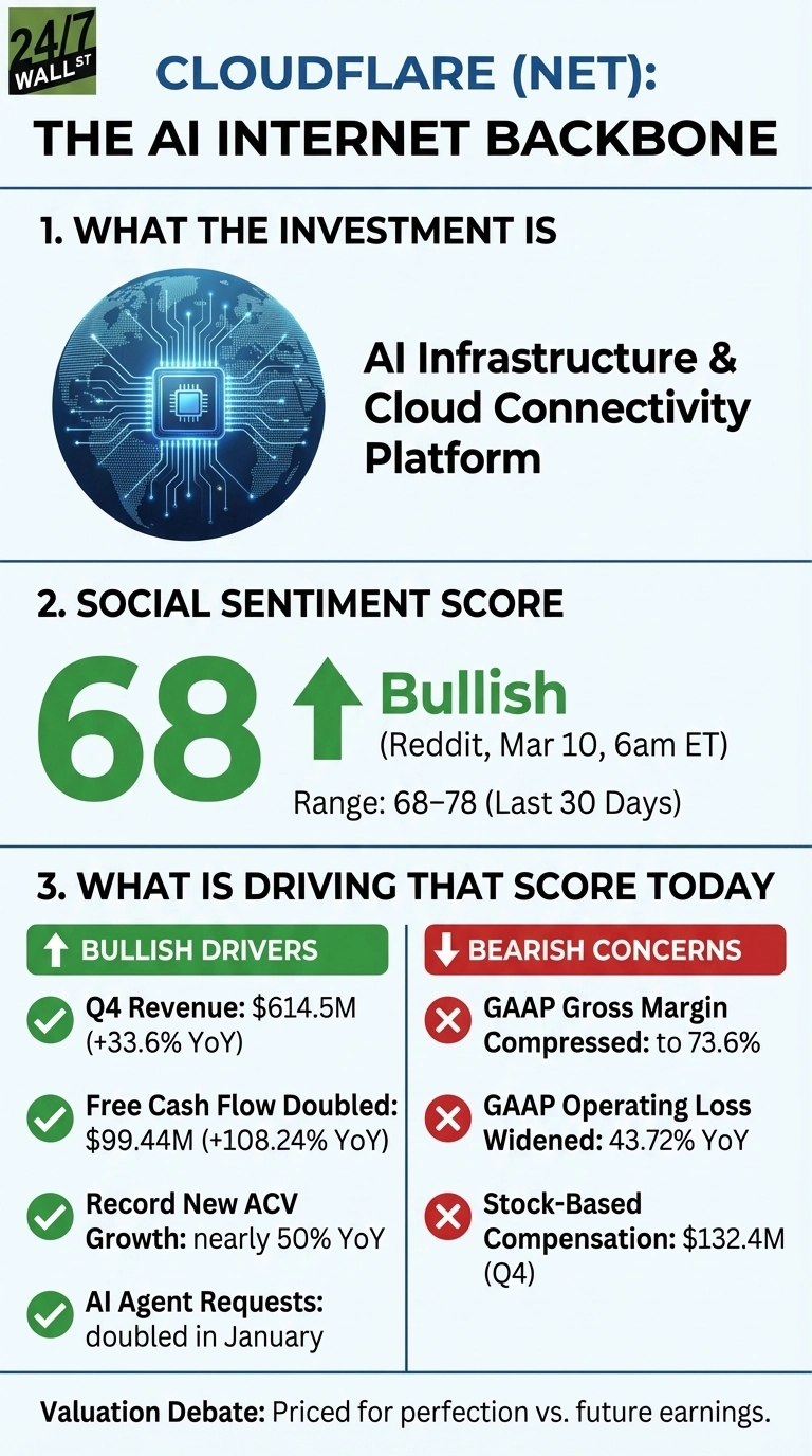 An infographic titled 'Cloudflare (NET): The AI Internet Backbone' presents investment information and social sentiment. Section 1 describes the investment as an 'AI Infrastructure & Cloud Connectivity Platform' with an icon of a globe and circuit board. Section 2 shows a 'Social Sentiment Score' of 68, marked as Bullish, originating from Reddit on March 10, 6am ET, within a range of 68-78 over the last 30 days. Section 3, 'What is Driving That Score Today', lists 'Bullish Drivers' in green boxes with checkmarks: Q4 Revenue of $614.5M (+33.6% YoY), Free Cash Flow Doubled to $99.44M (+108.24% YoY), Record New ACV Growth of nearly 50% YoY, and AI Agent Requests doubled in January. 'Bearish Concerns' are listed in red boxes with 'X' marks: GAAP Gross Margin Compressed to 73.6%, GAAP Operating Loss Widened by 43.72% YoY, and Stock-Based Compensation of $132.4M for Q4. The infographic concludes with a note on the 'Valuation Debate: Priced for perfection vs. future earnings.'