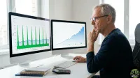A man with grey hair and glasses, wearing a dark blue sweater, sits at a white desk, intently looking at two computer monitors displaying financial charts. His right hand is raised to his chin in a thoughtful pose. The left monitor shows a chart with green vertical bars, a blue line, and a light blue shaded area, labeled 'Price' and 'Income Payments'. The right monitor displays an upward-trending blue area chart. A white keyboard, mouse, black calculator, and stacked notebooks are visible on the desk.