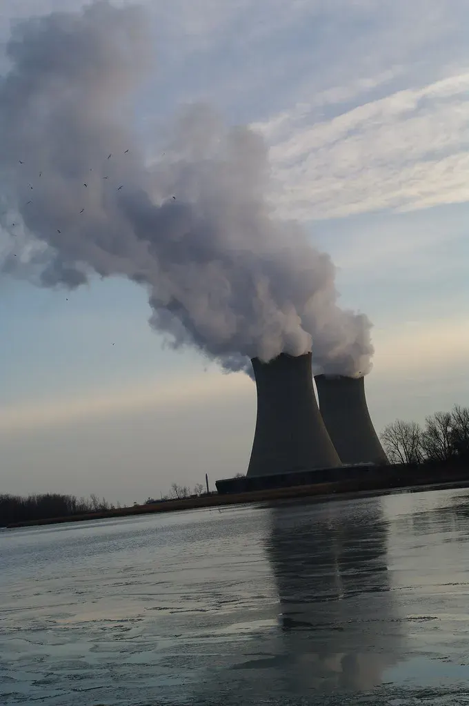 Two large, gray nuclear power plant cooling towers emit thick white steam into a pale blue sky. The towers are reflected in a partially frozen body of water in the foreground, with bare trees visible on the distant shore and small birds flying near the steam.
