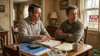 Two middle-aged men sit at a wooden dining table in a home. The man on the left, wearing a light-colored checkered shirt, points at a stack of documents. The man on the right, wearing a gray hooded sweatshirt, has his arms crossed and looks out the window with a serious expression. On the table are blueprints, a calculator, legal papers, a deed, a coffee mug, and a photograph of an elderly couple. A red and white 'For Sale' sign is visible through the window.