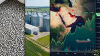 A four-panel image. The left panel shows a close-up of numerous small, light grey spherical fertilizer pellets. The second panel from the left is an aerial view of an agricultural facility featuring multiple large, silver cylindrical silos and a white warehouse, set against green fields. The two rightmost panels display a financial line chart, predominantly green and showing an upward trend, overlaid on a satellite map of the Middle East and the Arabian Sea. Red lines indicate shipping routes or areas on the map. The chart has a 'Target: $140' label and displays '128.72 USD'. A silhouette of a ship is visible in the lower right portion of the chart, and the '24/7 WALL ST' logo is in the bottom right corner.