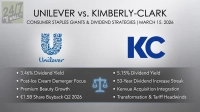 A comparative graphic titled 'Unilever vs. Kimberly-Clark: Consumer Staples Giants & Dividend Strategies | March 15, 2026'. The Unilever logo and name are on the left, with a list of points: '3.46% Dividend Yield,' 'Post-Ice Cream Demerger Focus,' 'Premium Beauty Growth,' and '€1.5B Share Buyback Q2 2026.' On the right, the blue 'KC' logo for Kimberly-Clark is shown with its points: '5.15% Dividend Yield,' '53-Year Dividend Increase Streak,' 'Kenvue Acquisition Integration,' and 'Transformation & Tariff Headwinds.' A light blue balance scale icon is positioned centrally between the two lists on a dark gray background.
