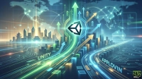 A futuristic digital graphic showcases a stylized city skyline with traditional East Asian architecture against a glowing blue global map. Bright green and blue lines resembling circuit boards and numerous upward-pointing arrows symbolize growth, converging towards a central Unity logo. Two prominent glowing paths are labeled 'UNITY' and 'APPLOVIN', with abstract bar graphs rising along their trajectories, all set in vibrant blue, green, and gold light on a dark background.