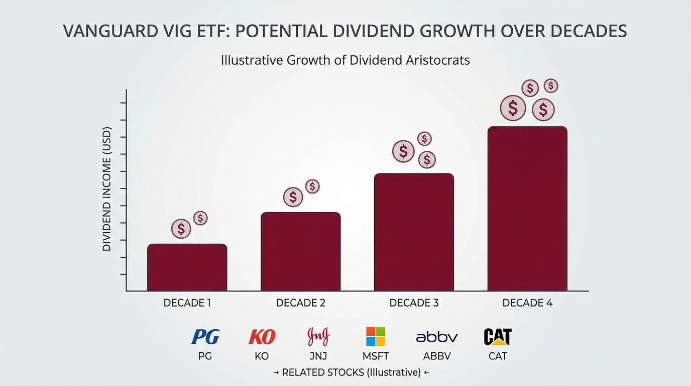 A bar chart titled 'VANGUARD VIG ETF: POTENTIAL DIVIDEND GROWTH OVER DECADES' with the subtitle 'Illustrative Growth of Dividend Aristocrats'. The y-axis is labeled 'DIVIDEND INCOME (USD)'. There are four vertical bars, each representing a decade. 'Decade 1' has the shortest bar with two dollar signs floating above it. 'Decade 2' has a taller bar with two dollar signs. 'Decade 3' has an even taller bar with three dollar signs. 'Decade 4' has the tallest bar with four dollar signs, indicating progressive dividend income growth. Below the chart, 'RELATED STOCKS (Illustrative)' lists company logos and tickers: PG (Procter &amp; Gamble), KO (Coca-Cola), JNJ (Johnson &amp; Johnson), MSFT (Microsoft), ABBV (AbbVie), and CAT (Caterpillar).