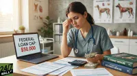 A distressed woman in grey scrubs and a blue stethoscope sits at a wooden desk, holding money and touching her forehead. Her laptop screen prominently displays 'FEDERAL LOAN CAP: $50,000'. Various papers, a calculator, and books titled 'VETERINARY MEDICINE' are also on the desk. The background features anatomical charts of dogs and clinic shelving.