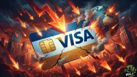 A dramatic and apocalyptic illustration showing a large Visa credit card shattering and cracking in the center. Fiery red arrows symbolizing a market downturn are falling from a dark, stormy sky. In the background, city skyscrapers appear distressed, and a cracking, burning globe is visible on the right, emphasizing a global economic crisis.