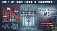 A graphic illustrating financial market turmoil with 'WALL STREET'S OWN STOCK IS GETTING HAMMERED' at the top. On the left, a red downward arrow indicates 'MS -4.23% TODAY' and 'NEARLY -12% MONTH' over a declining bar chart. In the center, a large, locked gray gate reads 'PRIVATE CREDIT REDEMPTION GATE'. On the right, 'Morgan Stanley MS' text appears above a monitor displaying red, negative financial data and 'REDDIT SENTIMENT: BEARISH (30-35/100)'. Below the chart, a Reddit alien is shown with a downward arrow, and a hammer shatters an upward trending graph.