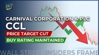 A financial graphic with the '24/7 Wall St' logo at the top left. Large white text reads 'CARNIVAL CORPORATION & PLC' and 'CCL'. Below this are two horizontal banners: a red one saying 'PRICE TARGET CUT' and a green one saying 'BUY RATING MAINTAINED'. The background features a stock market candlestick chart with green and red candles, overlaid by a large, bold red arrow pointing downwards, and smaller green arrows pointing upwards, illustrating market fluctuations. Faded text at the bottom reads 'WALL STREET INSIDERS FRAME'.