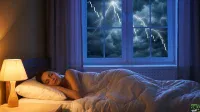 A woman sleeps soundly in a dimly lit bedroom, curled on her side under white bedding. A warm, glowing lamp is on a wooden bedside table to the left. Outside the window, a dark, stormy sky with bright lightning bolts is visible, overlaid with white financial candlestick charts indicating a market downturn.