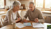 An older woman with short grey hair and an older man with grey hair sit at a wooden kitchen table. The man holds reading glasses in one hand and points with his other hand at a white tablet screen showing blue and white financial charts and data. Several stacks of papers are spread across the table, and a beige coffee mug sits near the woman. The background shows a modern kitchen with light wood countertops and cabinets, a stainless steel sink, and a sunlit window.