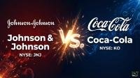 A split graphic comparing Johnson & Johnson and Coca-Cola. The left side, themed in red and orange, features 'Johnson & Johnson' in script and block text, with 'NYSE: JNJ' below, against a background of red stock charts and sparks. The right side, themed in blue, features 'Coca-Cola' in script and block text, with 'NYSE: KO' below, against a background of blue stock charts and bubbles. A bright, golden 'VS.' with sparks erupts in the center, symbolizing a market comparison.