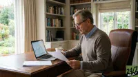 A serious-looking older man with gray hair and glasses, wearing a blue patterned shirt and a brown V-neck sweater, sits at a large wooden desk. He is holding and reading papers. To his left, an open silver laptop displays a financial graph, and a white coffee cup sits beside it. In the background, there's a large window overlooking a lush garden and a white bookshelf filled with books.