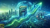 A vibrant digital illustration showcasing a large, glowing SanDisk memory chip at its center. In the background, there's a luminous blue world map sphere and a modern city skyline with multiple skyscrapers. Bright green and blue circuit board lines crisscross the image, forming an upward-trending arrow and various financial charts, including bar graphs and numerical data like '26.35' and '27.988'. The overall composition suggests technological advancement, global connectivity, and market growth, with a '24/7 WALL ST' logo in the bottom left corner.
