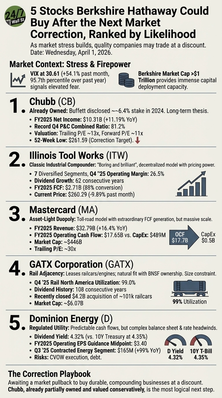 An infographic titled '5 Stocks Berkshire Hathaway Could Buy After the Next Market Correction, Ranked by Likelihood'. The date is noted as Wednesday, April 1, 2026. The 'Market Context: Stress &amp; Firepower' section shows VIX at 30.61 (+54.1% past month, 95.7th percentile) and Berkshire's Market Cap >$1 Trillion. Five numbered sections detail each stock: 1. Chubb (CB) with FY2025 Net Income $10.31B (+11.19% YoY), Record Q4 P&amp;C Combined Ratio 81.2%, Valuation Trailing P/E ~13x, Forward P/E ~11x, and 52-Week Low $261.59 (Correction Target). 2. Illinois Tool Works (ITW) with Q4 '25 Operating Margin 26.5%, Dividend Growth 62 consecutive years, FY2025 FCF $2.71B (88% conversion), and Current Price $260.29 (-9.89% past month). 3. Mastercard (MA) with FY2025 Revenue $32.79B (+16.4% YoY), FY2025 Operating Cash Flow $17.65B vs. CapEx $489M, Market Cap ~$446B, and Trailing P/E ~30x. 4. GATX Corporation (GATX) with Q4 '25 Rail North America Utilization 99.0%, Dividend History 108 consecutive years, Recently closed $4.2B acquisition of ~101k railcars, and Market Cap ~$6.07B. 5. Dominion Energy (D) with Dividend Yield 4.32% (vs. 10Y Treasury at 4.35%), FY2025 Operating EPS Guidance Midpoint $3.40, and Q3 '25 Contracted Energy Segment $165M (+99% YoY). The infographic also includes various icons like a VIX trend line, stacked coins, a bar chart, an OCF vs CapEx flow diagram, a railcar with utilization, and two gauges for D Yield and 10Y T-Bill.