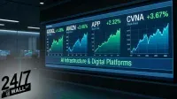 A large, illuminated digital display screen dominates the frame, showcasing four stock charts for GOOGL (+1.36%), AMZN (+3.66%), APP (+2.32%), and CVNA (+3.67%). Each chart is a green or blue line graph trending upwards. Below the charts, the screen displays the glowing text 'AI Infrastructure & Digital Platforms'. The screen is situated in a dimly lit, modern office environment with other computer monitors visible in the background. A '24/7 WALL ST' logo is overlaid in the lower left corner.