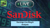 A graphic features the word 'SanDisk' in large red letters in the center. Above it, a metallic oval banner reads 'LIVE' with a green dot, set against a background of falling binary code. In the top left corner is the green 24/7 Wall St. logo. A light blue rectangular banner at the bottom contains the text 'Earnings Live Blog & Analysis'. The overall background is dark blue and green with translucent large numbers and diagonal lines.