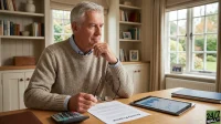 A thoughtful older man with grey hair sits at a wooden desk, holding glasses in his left hand and resting his chin in his right. He is wearing a beige sweater over a blue checkered shirt and looks contemplatively to the right. In front of him on the desk are a document labeled "Annuity Proposal," a calculator, and a tablet displaying financial graphs. The background features bookshelves filled with books and a window looking out onto a green garden.