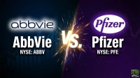 A graphic split down the middle by a glowing 'Vs.' with a lightning effect. On the left, 'AbbVie' with its logo and 'NYSE: ABBV' appears against a dark blue background with subtle stock market graphs. On the right, 'Pfizer' with its logo and 'NYSE: PFE' is displayed against a dark purple background, also featuring financial charts. The 24/7 Wall St logo is visible in the bottom right corner.