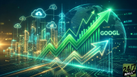 A futuristic, digitally rendered image showcasing a glowing cityscape at night with interconnected cloud computing icons above. Prominent bright green upward-pointing arrows represent growth, with the ticker 'GOOGL' displayed next to a glowing green global map. The foreground features intricate circuit board patterns in blue and yellow light, conveying technological advancement. The overall scene is vibrant and dynamic, with an optimistic, forward-looking mood, and a '24/7 WALL ST' logo in the bottom right corner.