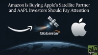 A graphic featuring white text at the top that reads 'Amazon Is Buying Apple's Satellite Partner and AAPL Investors Should Pay Attention'. Below, the white Amazon swoosh logo is on the left, with data streams flowing towards a stylized white satellite. The satellite emits signals, and beneath it is the Globalstar logo, which includes an orange star. On the right, a silver Apple logo is displayed. The lower portion of the image shows a blue curve of the Earth. A green '24/7 Wall St' logo is in the bottom right corner.