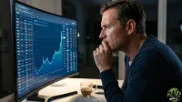 A man with short brown hair and blue eyes, wearing a dark blue long-sleeved shirt, sits at a desk and looks intently at a curved computer monitor. The monitor displays a blue line graph showing stock market performance trending upwards on the right and a list of financial data with tickers and numbers on the left. His right hand is near his chin in a thoughtful pose. A coffee mug, a keyboard, and a mouse are visible on the white desk. The background is dimly lit.